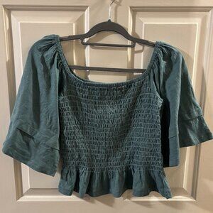 Simply Southern Women's Teal Smocked Crop Top Bell Sleeves ~ NWT ~ Small